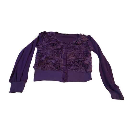 Ryu Knit Cardigan Sweater‎ Purple flower Appliqué fine knit shrug top Size M - Picture 3 of 16